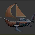 Futuristic Wooden Watercraft With Orange Sail And Sci Fi Thruster Design