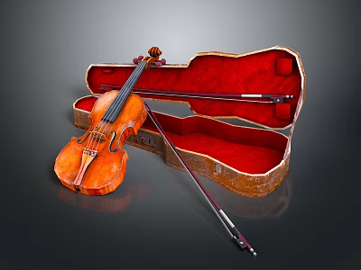 Vintage Violin With Open Red Lining Case Bow And Wooden Structure For Daily Use 3d model