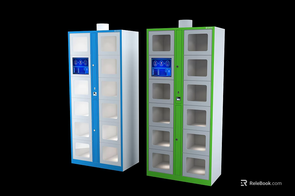 Smart Lockers With Transparent Door Digital Screen And Multiple Compartments In Blue Green 3d model 