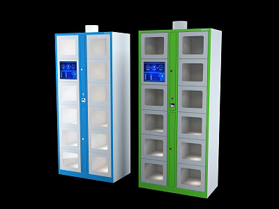 Smart Lockers With Transparent Door Digital Screen And Multiple Compartments In Blue Green 3d model