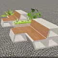 Outdoor Garden Decorative Seating with Concrete Block Structure Wooden Seats Planters and Green Plants