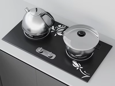 Modern Kitchen Utensils on Black Cooktop with Silver Teapot Covered Pot and Floral Patterns 3d model