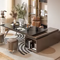 Modern Office Desk With Black Tabletop Golden Stools Brown Chair Bookshelf And Green Plant