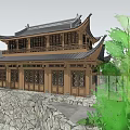 Traditional Chinese Guesthouse Building with Classic Roof Design Ancient Stone Walls and Water Feature