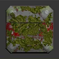 Cube Shaped Decorative Household Item with Moss Covered Surface and Red Silver Accents
