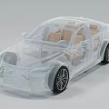 Transparent Mesh Car Model Showcasing Brown Interior Seats And Body Structure With Wheels 3d model