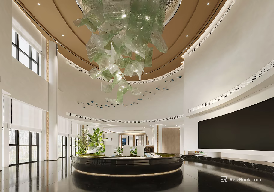 Bright Modern Luxury Sales Office Lobby With High Ceiling Art Glass Chandelier And Property 3d model 