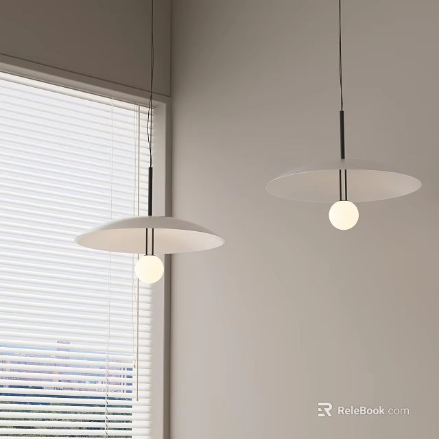 Two Modern White Pendant Lights With Round Shades Near Window Blinds And Bright Bulbs 3d model 