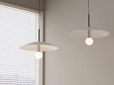 Two Modern White Pendant Lights With Round Shades Near Window Blinds And Bright Bulbs 3d model