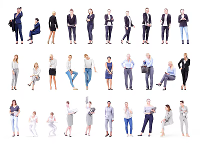 Group of People in Various Poses Wearing Different Casual and Formal Outfits 3d model