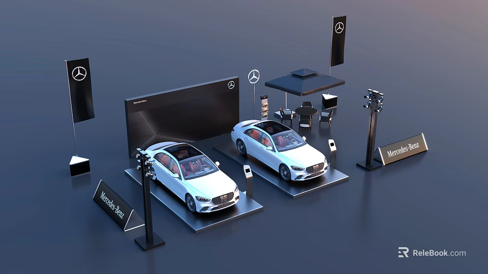 Mercedes Benz Car Exhibition Showroom With White Vehicles Display Stands Flags And Tent 3d model 