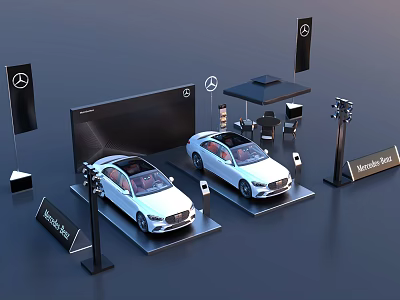 Mercedes Benz Car Exhibition Showroom With White Vehicles Display Stands Flags And Tent 3d model