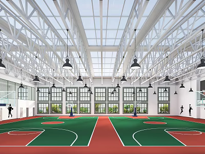 Modern Basketball Court Interior With Glass Windows And Steel Ceiling Structure 3d model