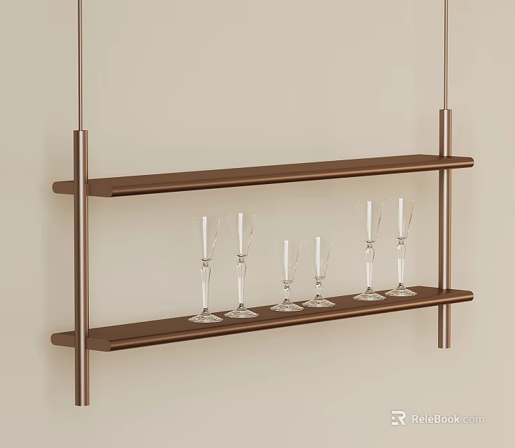 Hanging Wooden Shelf With Two Layers For Wine Glasses Storage 3d model 