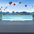 Outdoor Stage With Hot Air Balloons Mountain Landscape VTOS Logo And Water Pool