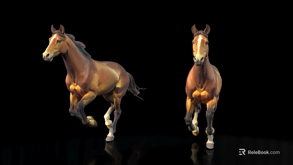 Two Realistic Brown Horses In Dynamic Running Poses Against Black Background 3d model 