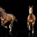 Two Realistic Brown Horses In Dynamic Running Poses Against Black Background