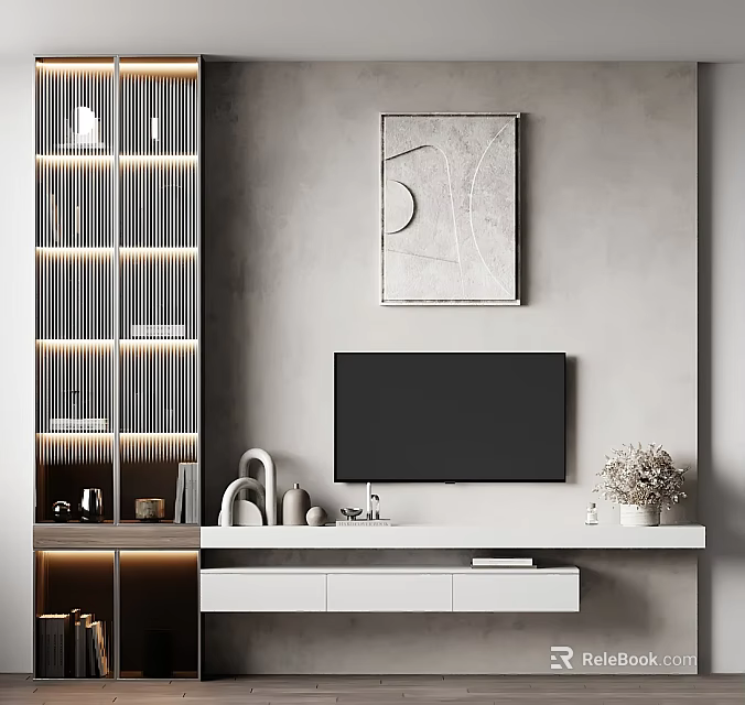 Modern Gray TV Wall Design with Decorative Painting White TV Cabinet and LED Display Cabinet 3d model 