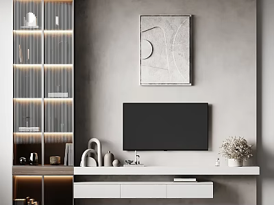 Modern Gray TV Wall Design with Decorative Painting White TV Cabinet and LED Display Cabinet 3d model