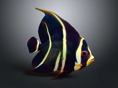 Colorful Angelfish With Black Yellow White Stripes And Vibrant Fins On Dark Background 3d model
