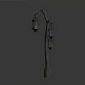 Vintage Street Lamp With Three Green Lanterns On Curved Metal Pole