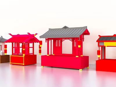 Traditional Chinese Red Pavilion Models With Gray Roof And Lantern Decorations 3d model