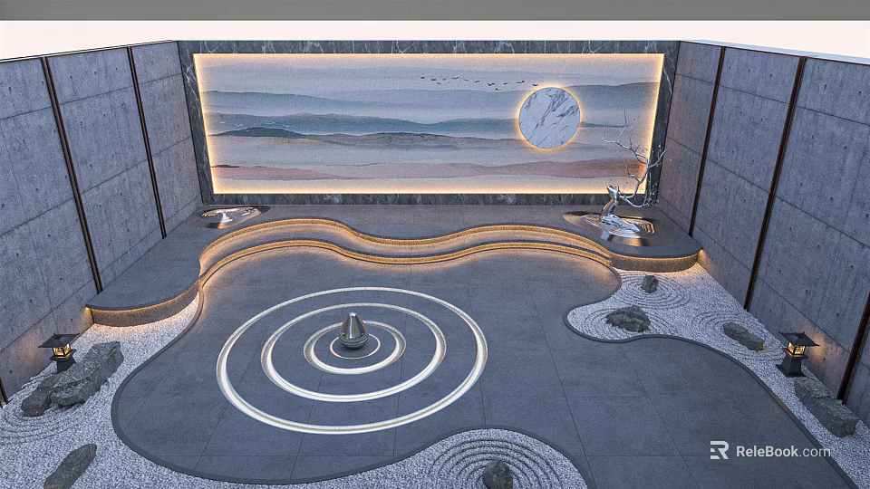 Modern Courtyard Garden With Wave Shaped Structures Circular Water Feature And Lighting Elements 3d model 
