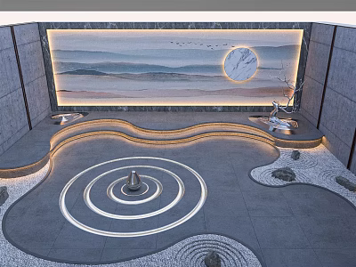 Modern Courtyard Garden With Wave Shaped Structures Circular Water Feature And Lighting Elements 3d model