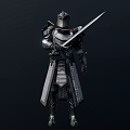 Man in medieval knight armor standing holding sword with detailed metal design