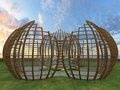 Park Landscape Featuring Symmetrical Wooden Sphere Frame Against Sunset Sky With Green Grass 3d model