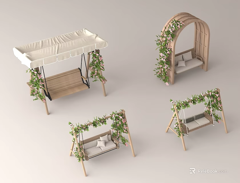 Outdoor Swing Chairs With Wooden Frames White Canopies And Green Vine Decorations 3d model 