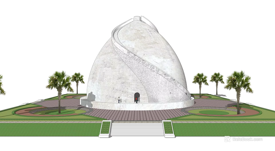 White Dome Building with Spiral Staircase Surrounded by Palm Trees and Front Entrance Steps 3d model 