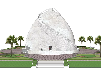 White Dome Building with Spiral Staircase Surrounded by Palm Trees and Front Entrance Steps 3d model