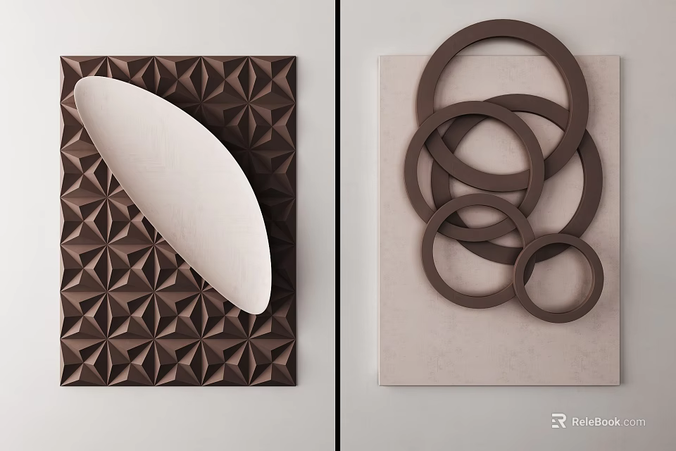 Brown Geometric Pattern Wall Decor With White Oval And Circular Rings 3d model