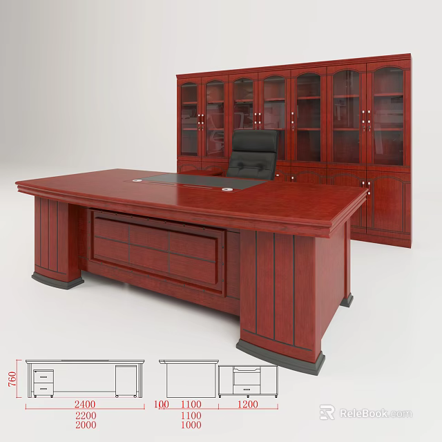 Solid Wood Office Desk With Glass Door Bookcase And Black Leather Chair 3d model 
