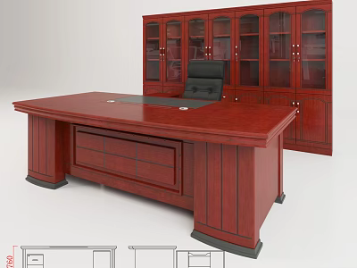 Solid Wood Office Desk With Glass Door Bookcase And Black Leather Chair 3d model