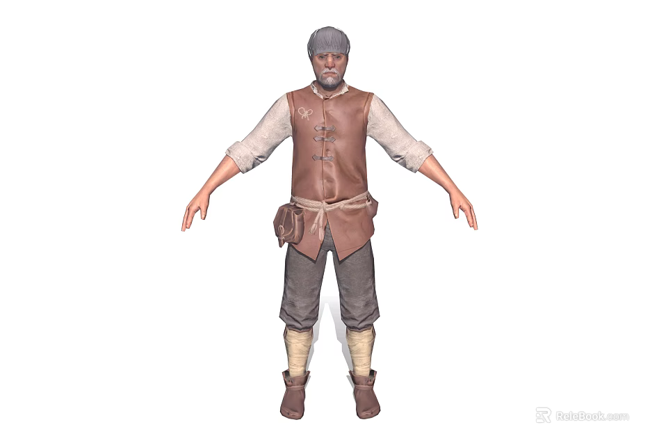 Medieval Human Character with Gray Hair Brown Vest White Shirt Dark Pants and Leather Boots 3d model 