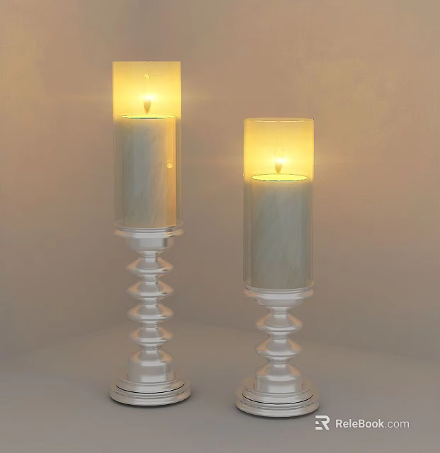 Decorative Candles with White Spiral Bases and Lit Glass Shades on Light Background 3d model 