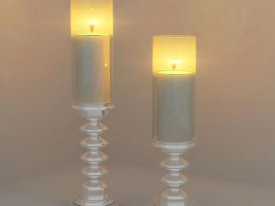 Decorative Candles with White Spiral Bases and Lit Glass Shades on Light Background 3d model