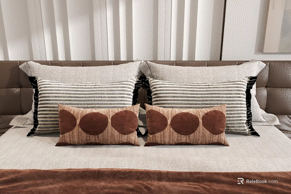 Modern Decorative Pillows With Striped And Circular Patterns In Brown Beige On Bed 3d model 