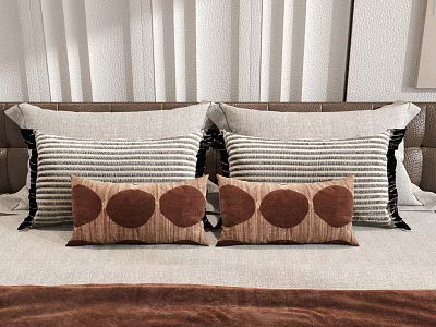 Modern Decorative Pillows With Striped And Circular Patterns In Brown Beige On Bed 3d model