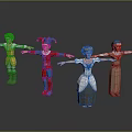 Four Diverse 3D Cartoon Characters in Various Costumes Posing With Arms Outstretched