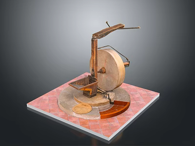 Traditional Stone Mill With Wooden Components And Stone Grinding Disc On Square Base 3d model