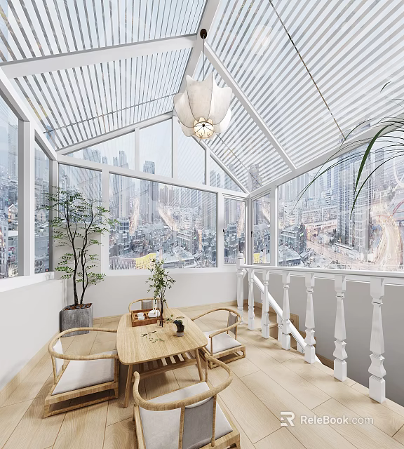 Villa Balcony With Glass Roof City View Wooden Table Chairs Potted Plant Hanging Lamp 3d model 