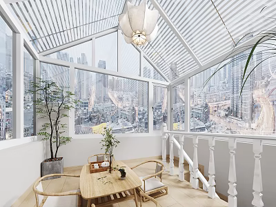 Villa Balcony With Glass Roof City View Wooden Table Chairs Potted Plant Hanging Lamp 3d model