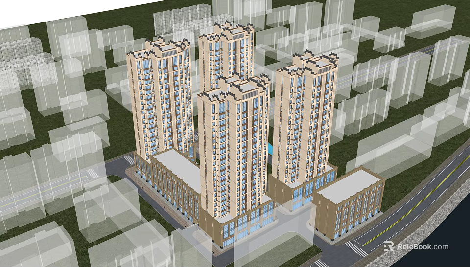Modern High rise Residential Buildings 3D Model Rendering With Surrounding Structures 3d model