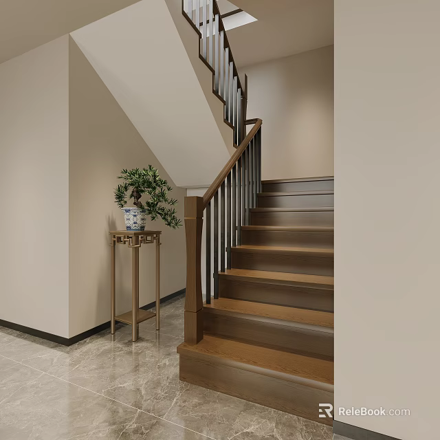 Wooden Staircase With Metal Handrail Green Plant On Small Table Light Walls And Marble Floor 3d model 