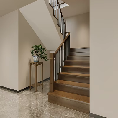 Wooden Staircase With Metal Handrail Green Plant On Small Table Light Walls And Marble Floor 3d model