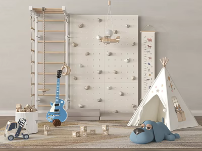 Fun Kids Playroom with Climbing Wall Teepee Tent Building Blocks and Stuffed Toy 3d model