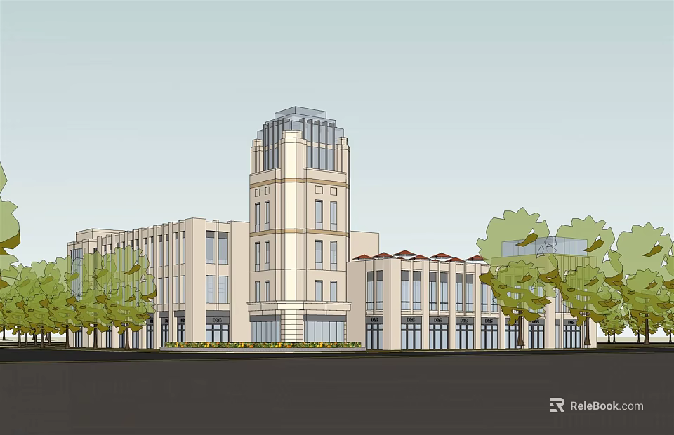 Modern Building Exterior Design With Tower Structure Windows And Surrounding Trees 3d model